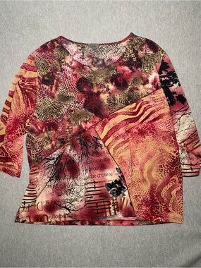 Caia Y2K Colorful Red Printed Art Abstract  Scoop Neck Fitted Top USA Made Sz 1X